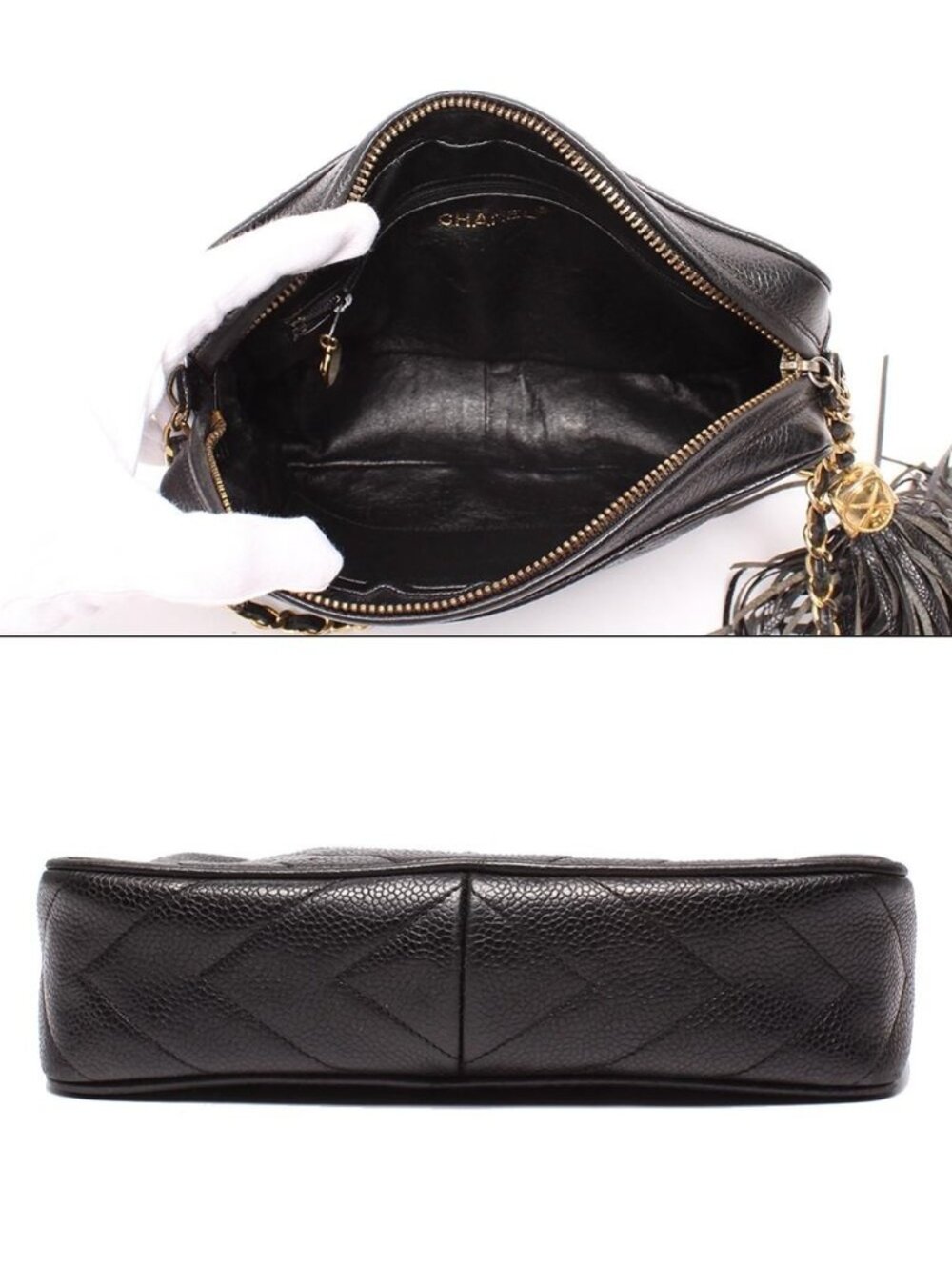 Chanel Chain Shoulder Bag CC Logo with Tassel Chez Blanc Stitching Gold Caviar - Picture 3 of 10